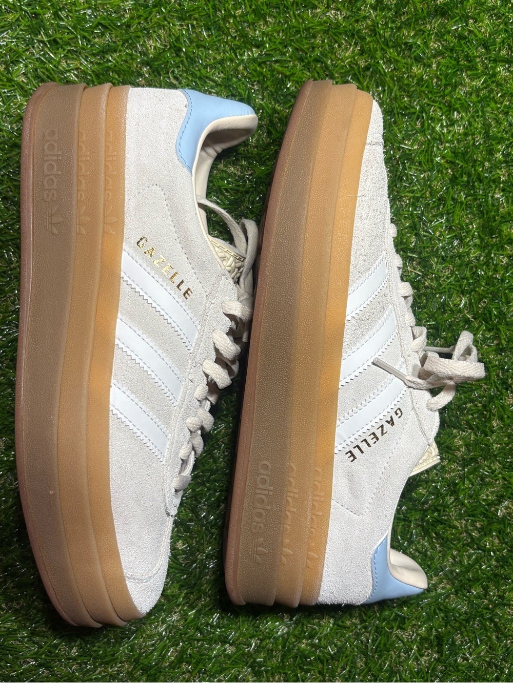 adidas Gazelle Platform Sneakers - Cream Suede with Gum Sole & Light Blue Heel